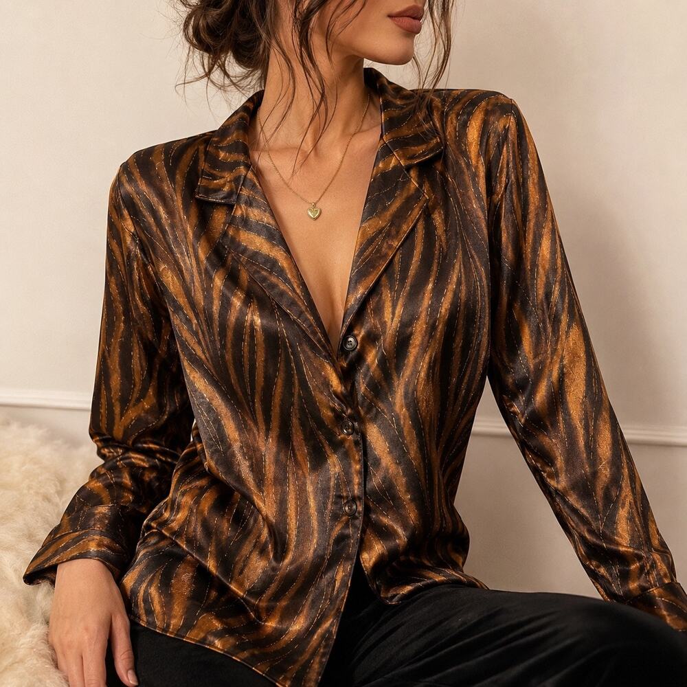 Cabernet Sleepwear Vintage Satin Animal Print Blouse Tiger Stripe 90s Y2K Sz M
